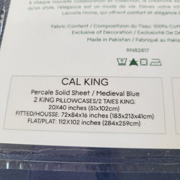 Lacoste Navy Blue 4pc CALIFORNIA KING Sheets Set 100% Cotton Crocodile Logo CAL - Picture 11 of 14